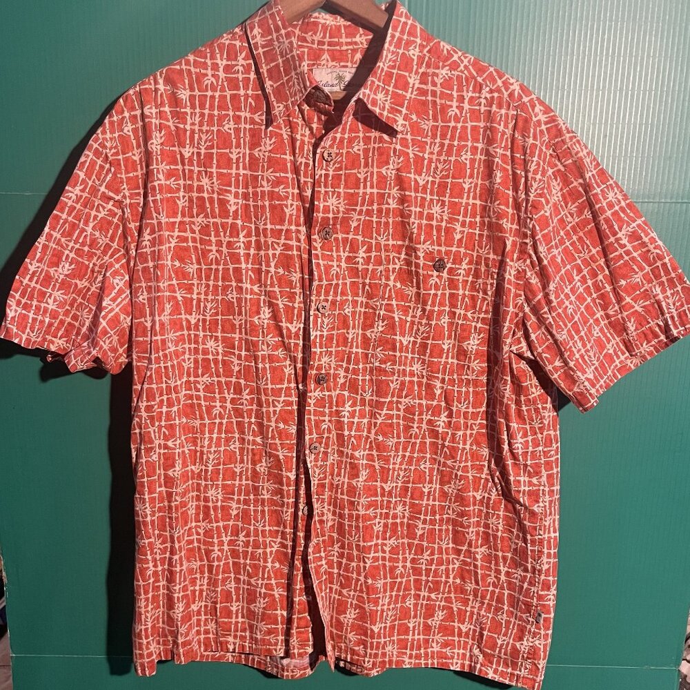 Island Shores Hawaiian Shirt XL Red White Grid Print 100% Cotton Button Front Ca
